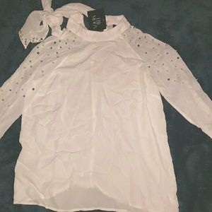 White tie blouse with pearl beads, sheer sleeves