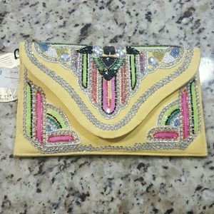 Yellow beaded sequined envelope clutch