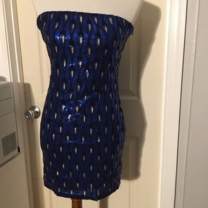 Blue peacock sequin strapless dress