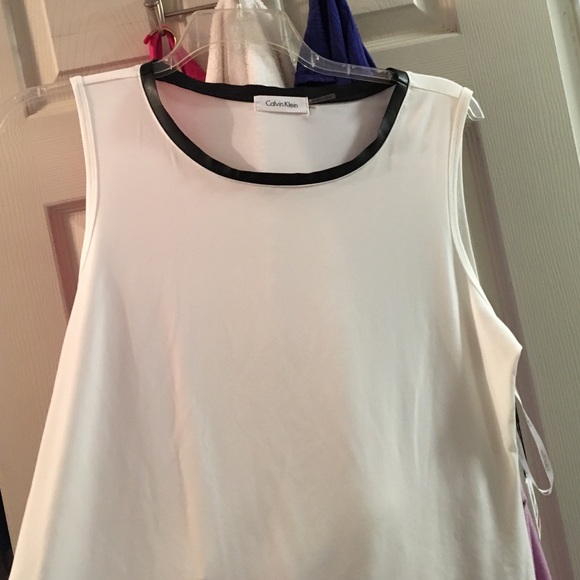 white calvin klein shell with faux leather trim