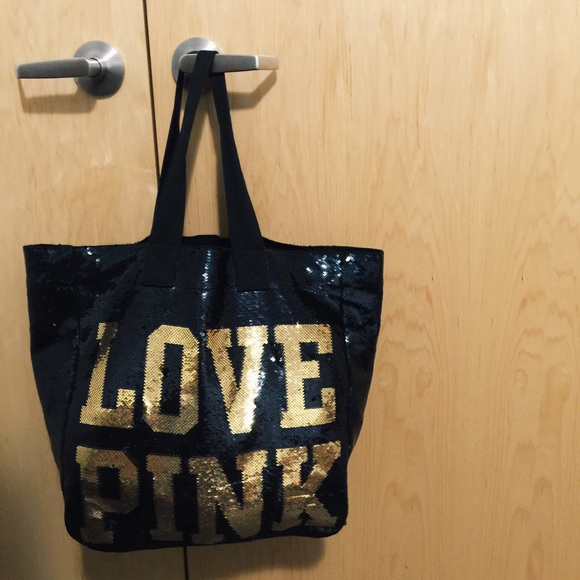 VS PINK Large Black & Gold Sequin Tote