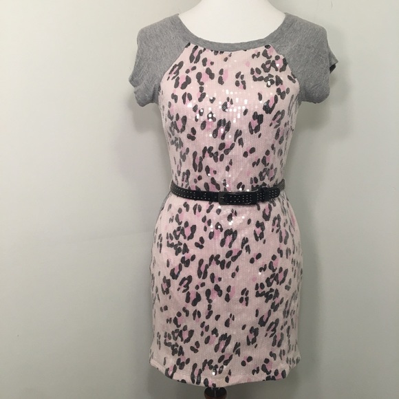 Bebe pink and gray leopard print sequin dress