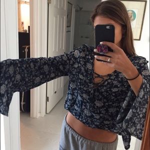 Blue floral lace up bell sleeve size small