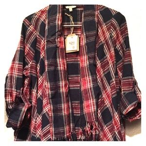 Plaid Cut Out Fringe Cardigan