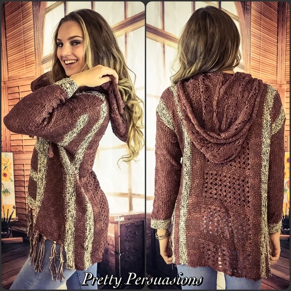 SOLD OUT ‼️ Rust Fringe Hooded Boho Cozy Sweater - Picture 4 of 4