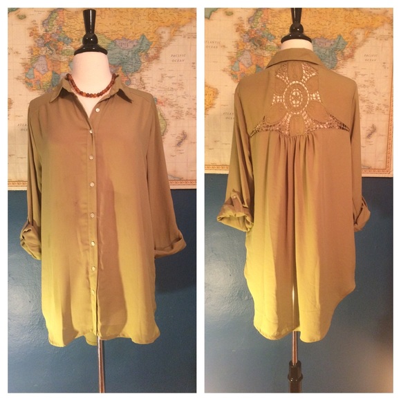 Olive Green Hi/Low Lace-Back Button Up