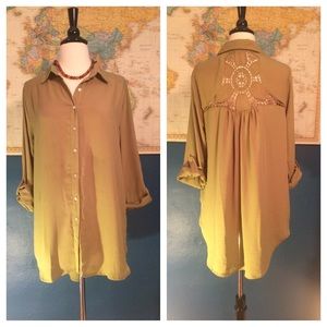 Olive Green Hi/Low Lace-Back Button Up