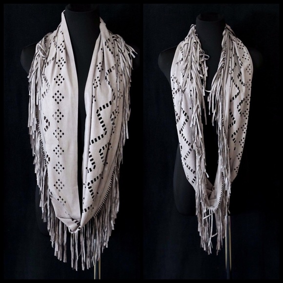 B142 Vegan Suede Laser Cut Fringe Infinity Scarf - Picture 3 of 4