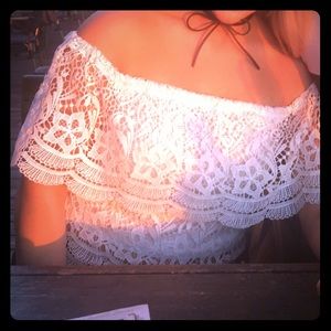 White lace off the shoulder crop top