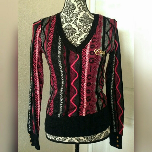 Coogi fitted black pink v-neck sweater