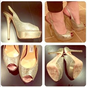 Jimmy Choo champagne fabric sling back pumps