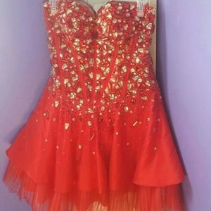 Sort Red Strapless Jeweled Prom Dress