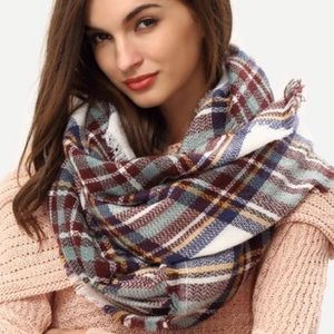 Plaid Frayed Beige Blue Scarf
