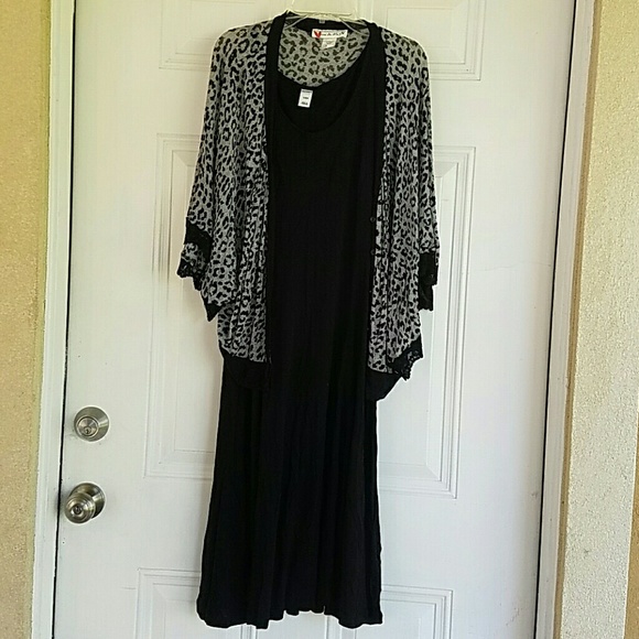 Black dress and animal print cardigan