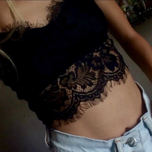 Soft Fringe & Lace Bralette Crop Cami Tank Halter - Picture 3 of 4