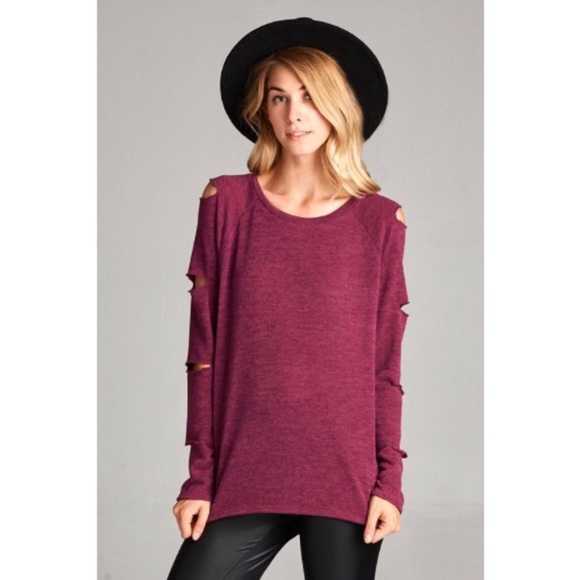 Burgundy Longsleeve Top Laser Cut Sleeves - Picture 2 of 4