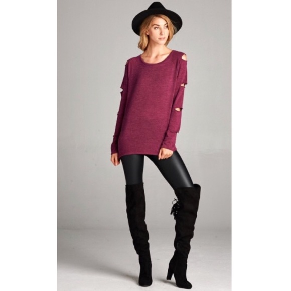 Burgundy Longsleeve Top Laser Cut Sleeves - Picture 4 of 4