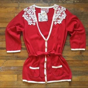 red, embellished cardigan