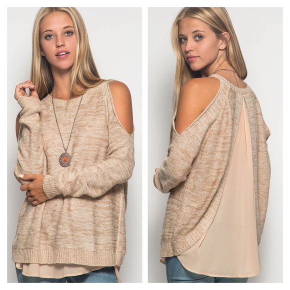 Sweaters - Cold shoulder knit top with chiffon contrast