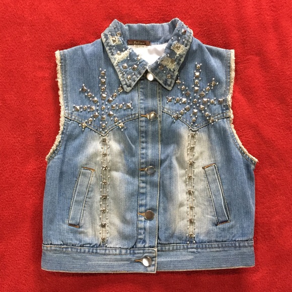 Jackets & Blazers - Distressed Denim Vest with Silver Studs Size Large