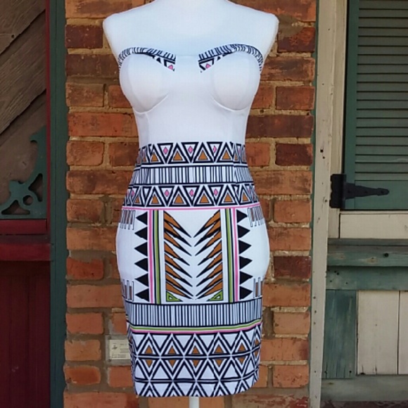 SOLD!!! White Strapless Aztec Print Bodycon Dress