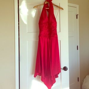 Cache Red Satin Halter Asymmetrical Dress