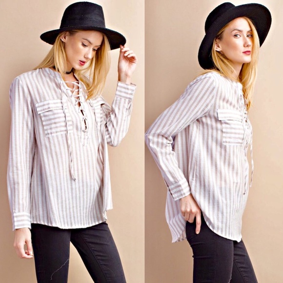 KANA lace up long sleeve top w/ pockets - BLUE - Picture 2 of 3