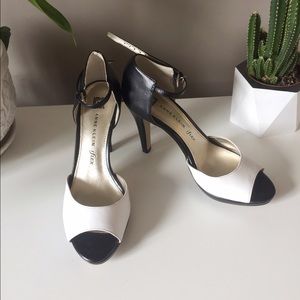 Two-tone Mary Jane open toe heels