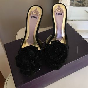 Hale Bob Suede Peep-toe sandal with rosette detail