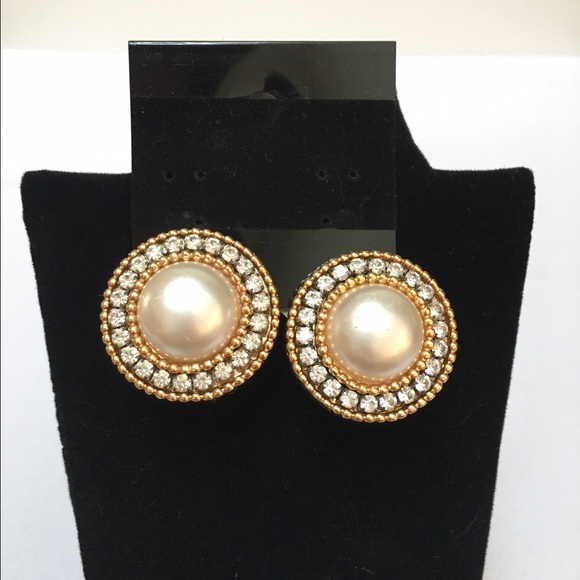 Faux Pearl Studs with Cubic Zirconia Crystals