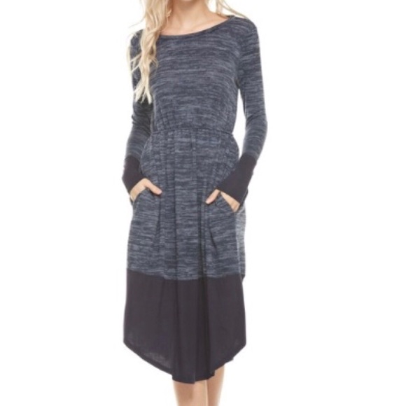 Navy Midi Round Hem Dress with Pockets - Picture 4 of 4