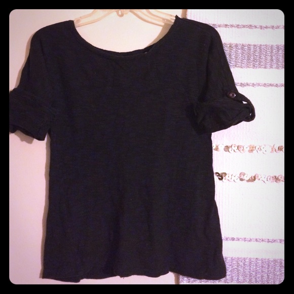 ❗️SOLD❗️Black Burnout Top w/ Roll Up Sleeves