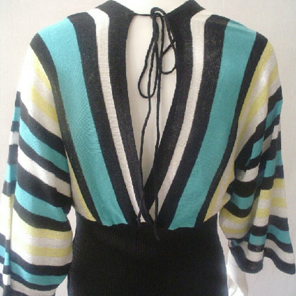 V neck kimono sweater ribbed accent teal yellow - Picture 2 of 5