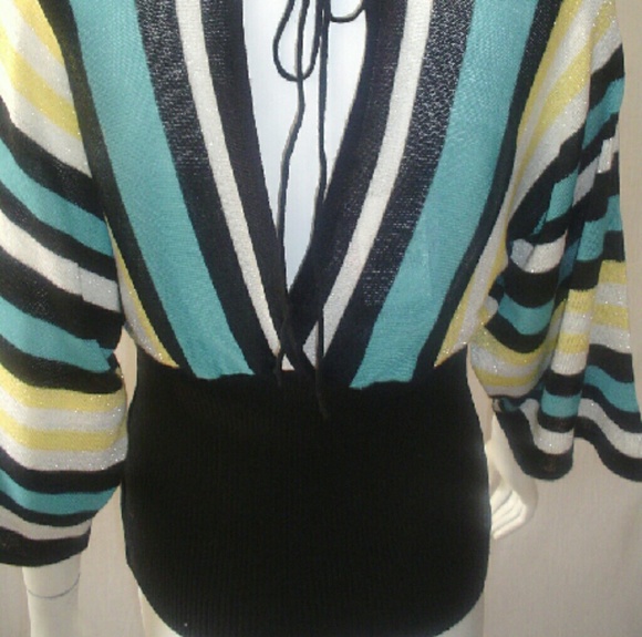 V neck kimono sweater ribbed accent teal yellow - Picture 3 of 5