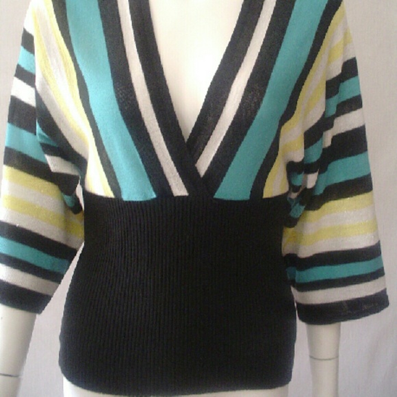 V neck kimono sweater ribbed accent teal yellow - Picture 4 of 5