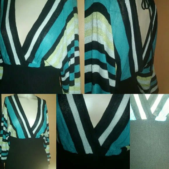 V neck kimono sweater ribbed accent teal yellow - Picture 5 of 5