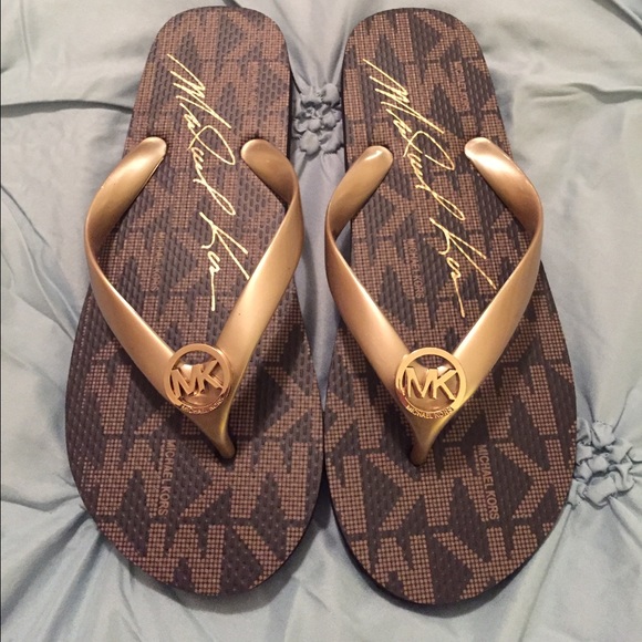 Michael Kors Shoes - Michael Kors Gold & Brown Flip Flops