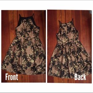 Pink, black, and gold floral evening dress.