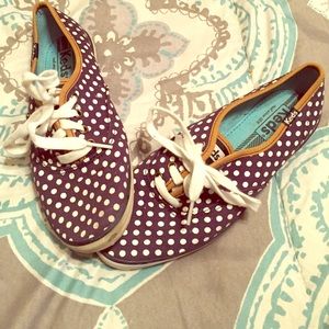 Navy blue and white polka dot keds