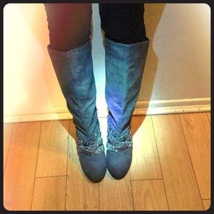 Grey boots with rhinestone straps around ankle 10