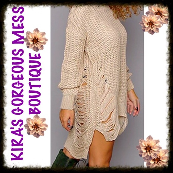 BNWT DISTRESSED SWEATER DRESS IN BEIGE - Picture 2 of 4