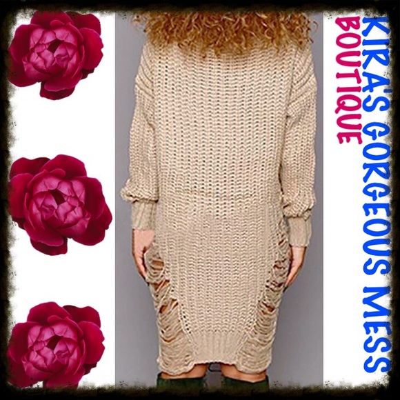 BNWT DISTRESSED SWEATER DRESS IN BEIGE - Picture 3 of 4