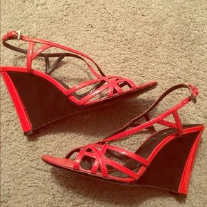 Prada Red Patent leather wedges &black suede trim