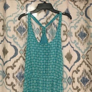 Turquoise maxi dress, w/white medallions. Size M