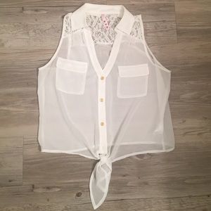 Sheer White Collared Tie Front Top with Lace