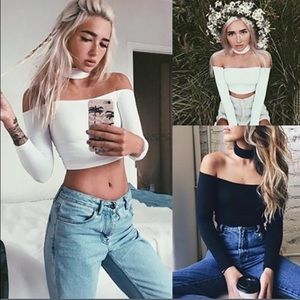 🌼Trendy Off-Shoulder Crop Top w Choker☕️