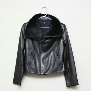 Rabbit Fur Collared Leather Jacket