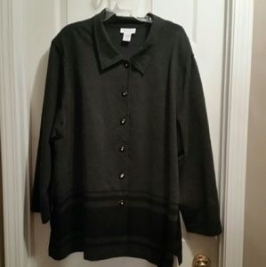 Gray shirt jacket with snap closures.