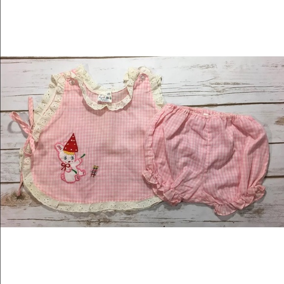 Vintage Other - Vintage 80s Pink Bear Baby Pinafore Bloomer Set