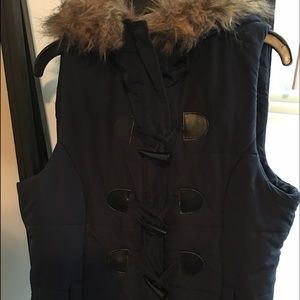 Navy Puffer Vest with Faux Fur Hood
